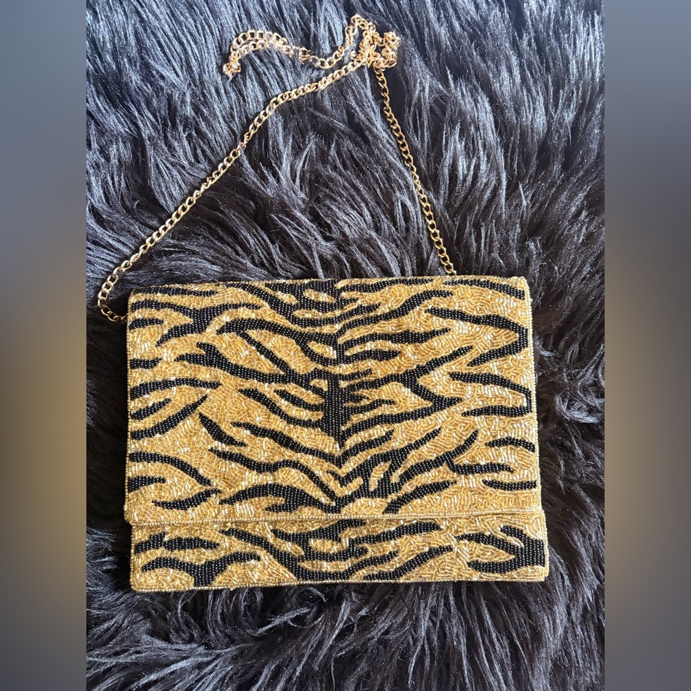 Gold and Black Lion Print Shiny Beaded Folding Clutch Bag W/ Gold Shoulder Strap